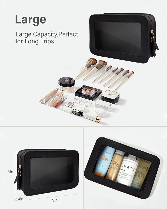 Clear Makeup Bag Set for Women Portable Clear Makeup Bag Cute Waterproof Travel Cosmetic Bag Travel Essentials Car Accessories for Women Men(Black, Standard + Mini)