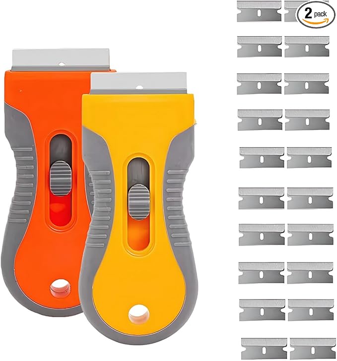 Retractable Razor Blade Scraper Tool, 2 Pack with 20 Extra Replacement Blades, Safety Lock Paint Scraper for Removing Stickers, Labels, Paint from Glass, Windows, Stovetop, Ceramic Surfaces