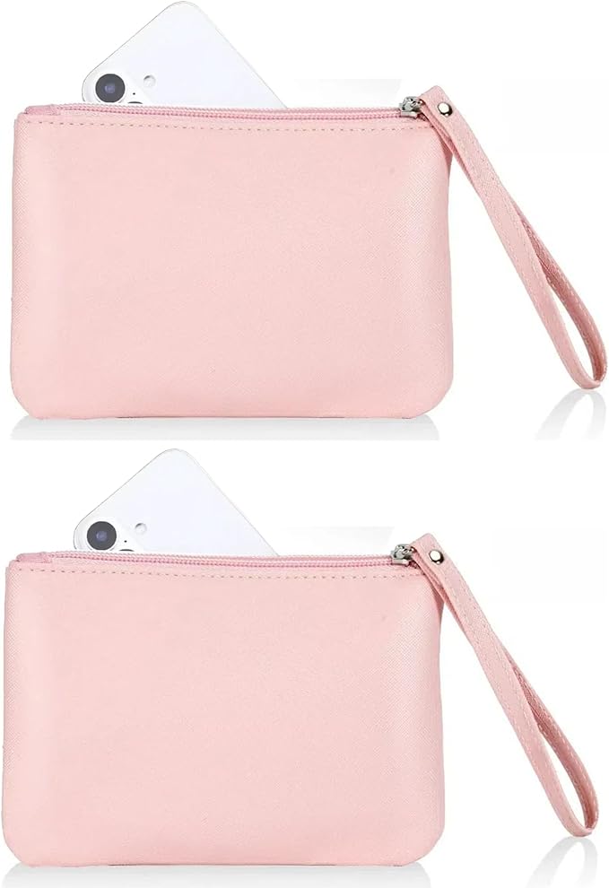 2 Pack Small Zipper Pouch Mini Makeup Bag for Purse Lipstick Cosmetic Travel Make Up Organizer for Women Essentials Feminine Products, Car Change Coin Holder 8x5 Phone Wristlet Wallet, Pink