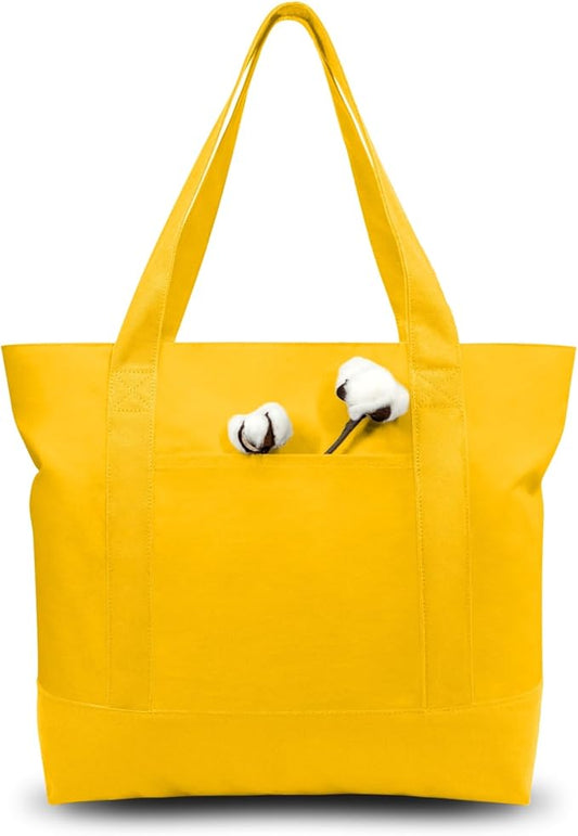 TOPDesign 6-Pack Canvas Tote Bags with an External Pocket, Reusable Grocery Shopping Bags, Top Zipper Closure, Daily Essentials (Yellow)