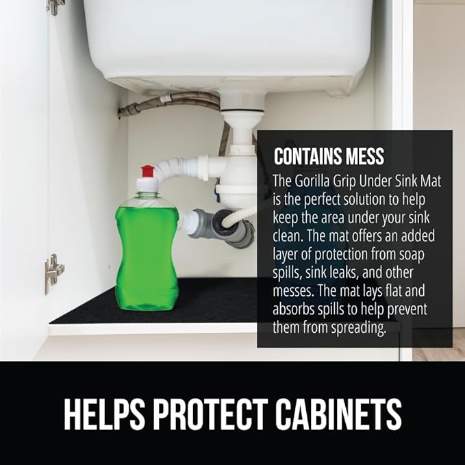 GORILLA GRIP LeakGuard Non-Adhesive Under Sink Mat for Kitchen Cabinet, Waterproof Quick Dry Shelf Liner, Durable Absorbent Felt Mats for Bathroom Sinks, Cabinets, Dresser, Easy to Trim, 24x24 Black