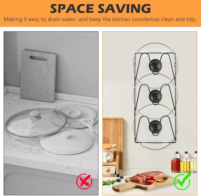 2-Pack Pot Lid Organizer 3-Tier Iron Rack | Cabinet & Wall Space-Saving - Easy No-Drill Adhesive Mount – Damage-Free Storage for Home Cooks’ Kitchen