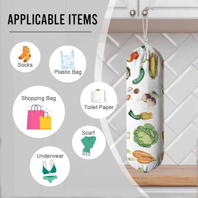 Vegetables Plastic Bag Holder, Grocery Bags Storage Holders, Reusable Shopping Bags Holder Dispenser for Kitchens, Farmhouse Kitchen Decor Gifts for Women, Kitchen Pattern Garbage Bag 47