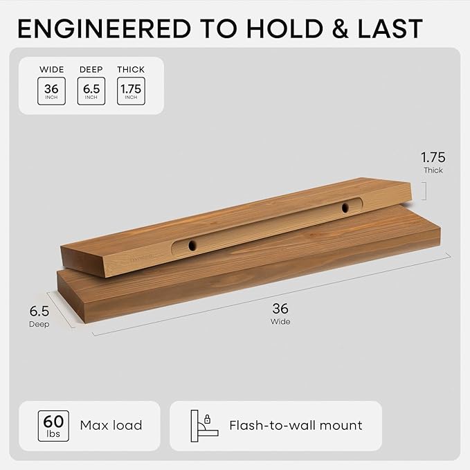 Homeforia 36 inch Golden Oak Floating Shelf, High-End Solid Real Wood 36-inch Small Floating Shelves for Wall Mounted, Oak Wooden 36-inch Floating Shelves, Heavy Duty Bracket, 36 X 6.5 X 1.75 in, Set of 4