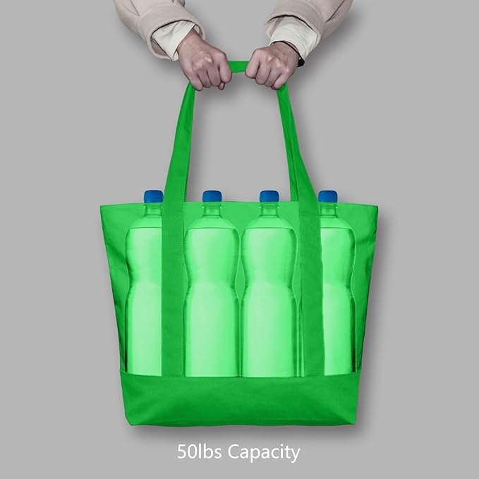 TOPDesign 6-Pack Canvas Tote Bags with an External Pocket, Reusable Grocery Shopping Bags, Top Zipper Closure, Daily Essentials (Lime Green)