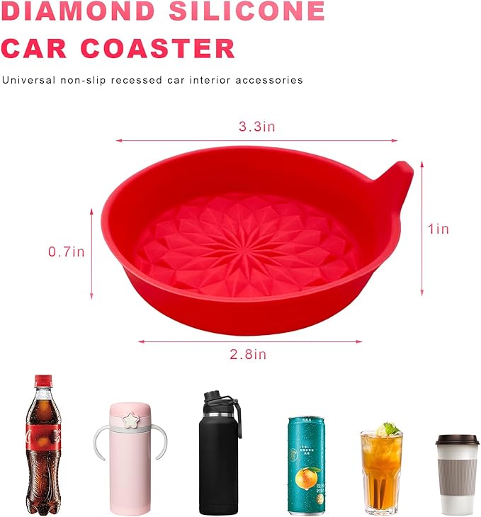 4 PCS Car Cup Holder Coasters, 2.75 Inch Anti-Slip Insert Silicone Car Coaster Drink Mat, Shockproof Universal Auto Cup Coasters for Most Vehicles, Car Interior Accessories (Red)