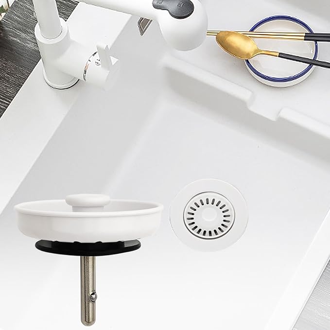 White Kitchen Sink Drain Basket Strainer Stopper Replacement for Polymer Sink Drain, TGEOND Brass Center Plug Removable Basket Drains