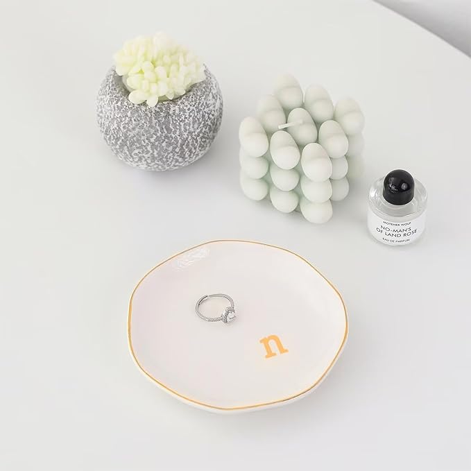 Ceramic Jewelry Dish with Personalized Monogram, White Decorative Ring Trinket Tray, Engagement Wedding Gift for Women Mom Friend, Letter n