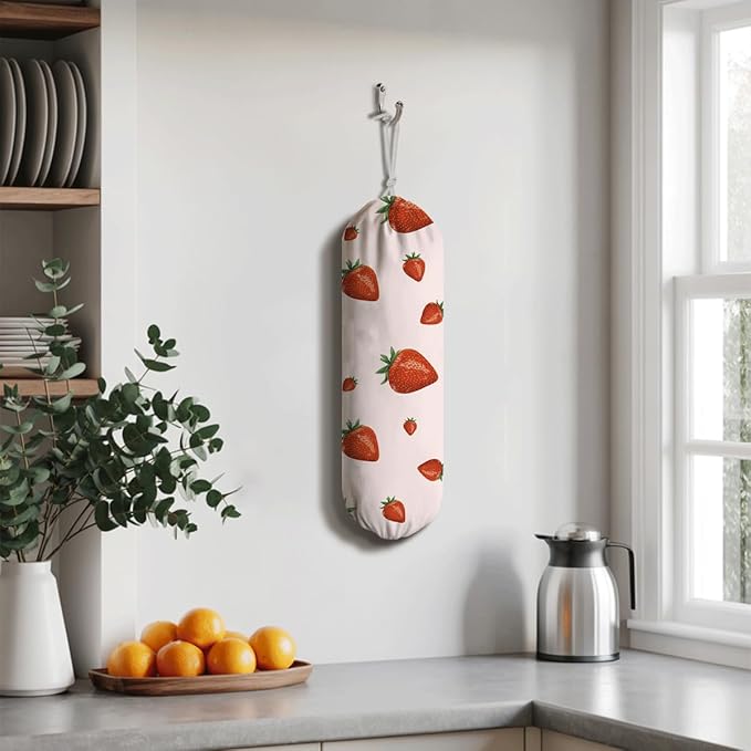Strawberry Plastic Bag Holder, Grocery Bags Storage Organizer, Reusable Shopping Bags Holder Dispenser, Summer Home Decor, Farmhouse Kitchen Decor Gifts for Women, Kitchen Pattern Garbage Bag 41