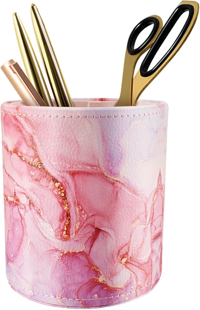 WAVEYU Pen Holder for Women Girls, Pencil Cup Pink Desk Decor, Makeup Brush Holder Large Pu Leather Multi-Functional Organizer Cup for Office, Classroom, Home, Red Marble