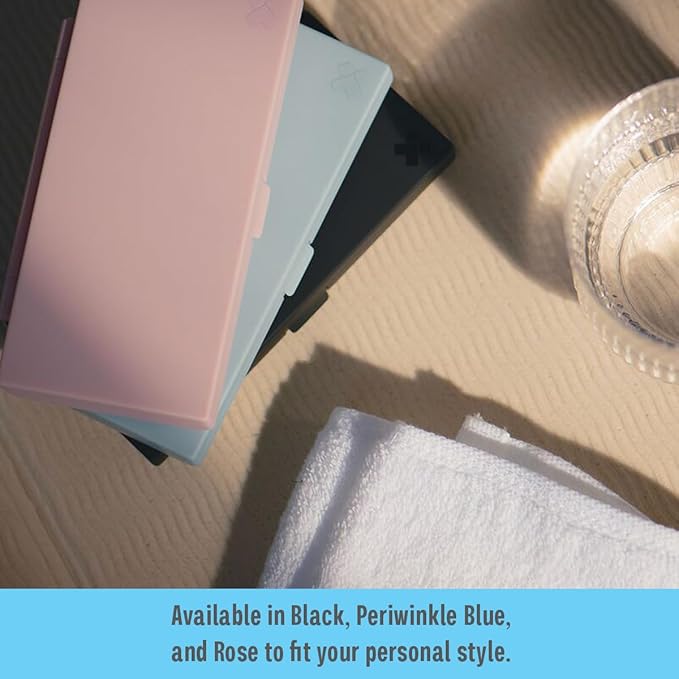 EQUADOSE Weekly Pill Case, 7-Day Medicine Organizer with Mirror, Compact Vitamin Storage Box, Pill Planner, 7 Individual Compartments for Supplements, Tablets, and Medications, Blue