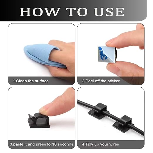 100PCS Cable Clips, Adhesive Wire Clips Strong Cord Clips Wire Holders, Cable Management Clips for Desk, Wall, Car, TV, Ethernet Cable (Black, Small)