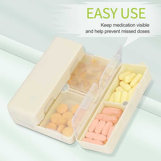 FYY Daily Pill Organizer,7 Compartments Portable Case [Folding Design] Travel Pill Box for Purse Pocket to Hold Vitamins,Cod Liver Oil,Supplements and Medication-White