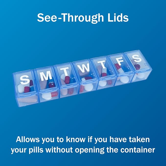 Amazon Basic Care Weekly Pill Organizer, 7-Day, Medium Compartments, Medicine Box, Blue