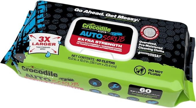 Crocodile Cloth AutoSCRUB Cleaning Wipes – 60-Count (15” x 10”) Cleaning Cloths Remove Oil, Grease, Paint, Tar, Brake Dust, Hydraulic Fluid, Silicone, Sealants & Road Grime from Tools & Hands