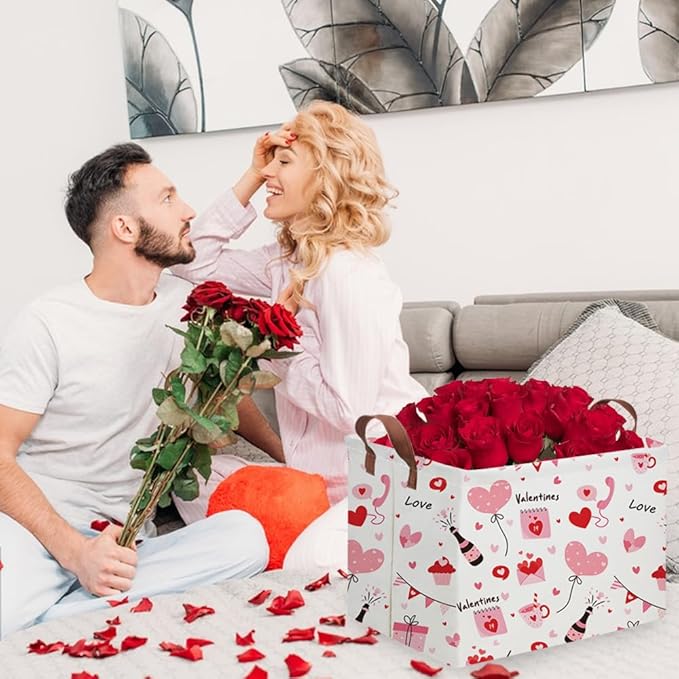 Rectangular Pink Valentine's Day Gift Basket,nursery basket,Pink girls gift baskets,kids toy storage Bin, Love Heart Room Decor for Home,Shelf Baskets(Balloon Love)