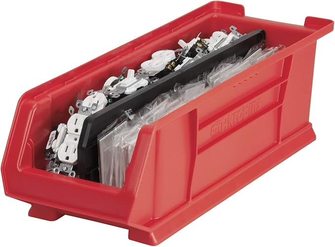 Akro-Mils 30284 Super-Size AkroBins Plastic Storage Bins, Space-Saving Stackable Bins for Garage, Classroom, Warehouse Organization, 24-Inch L x 8-Inch W x 7-Inch H, Red, 4-Pack