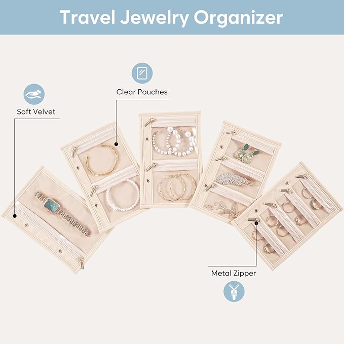 Lolalet Travel Jewelry Pouch, Clear Zipper Velvet Pocket Organizer Storage Bag for Rings Earrings Bracelet Necklace -5 Pcs