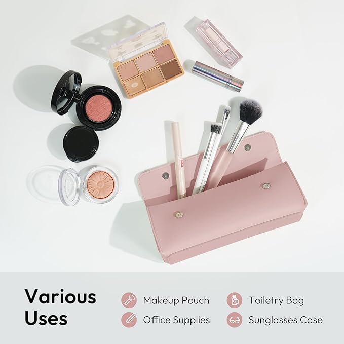 carrotez Stylish PU Leather Makeup Bag: Versatile Travel Toiletry Bag & Cosmetic Pouch, Small Makeup Organizer for Purse Essentials - Ideal Makeup Brush Holder & Sunglasses Case for Women - Pink