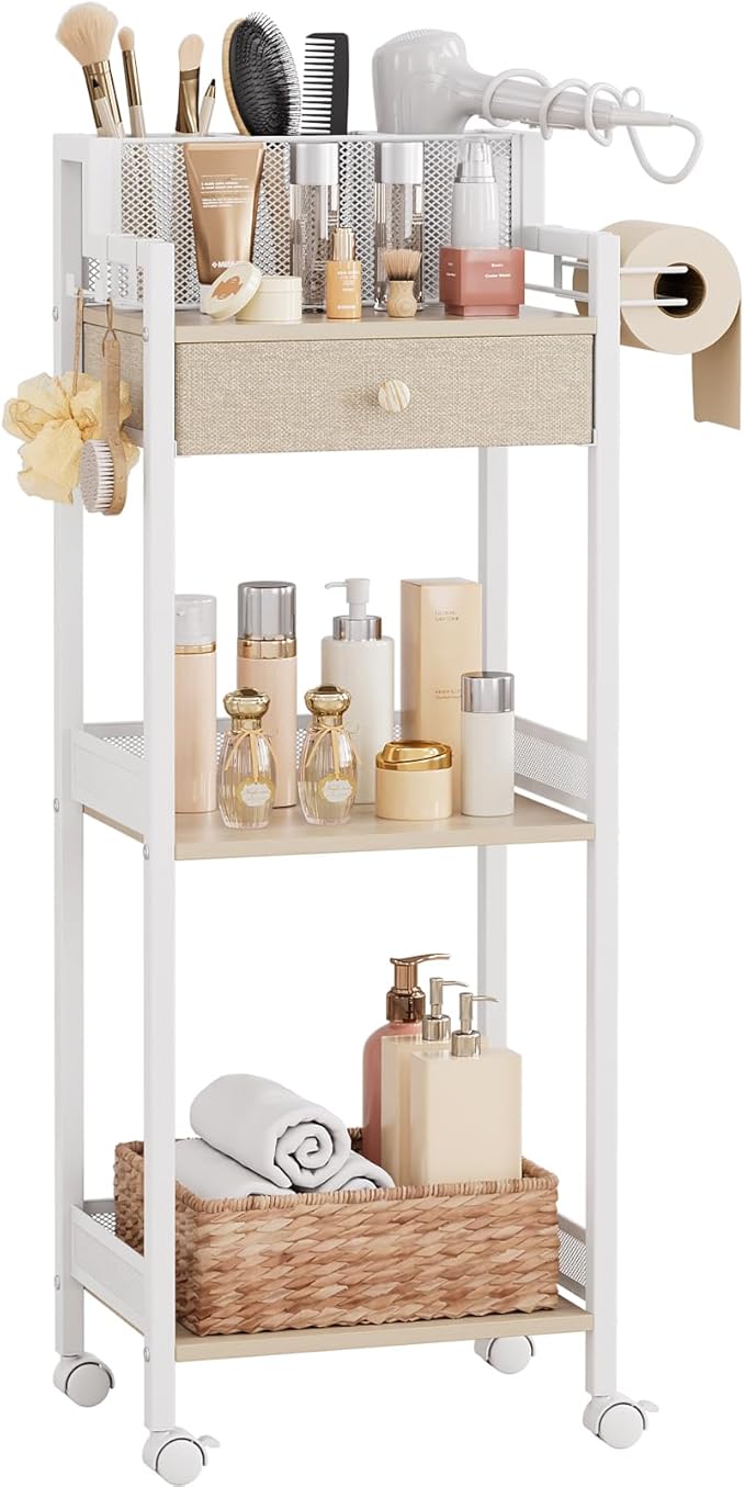 3-Tier Bathroom Shelf with Drawer, 12.8in Large Floor Makeup Organizer, Cosmetics Display Case Holder for Hair Tools, Skincare, Kitchen, Bathroom, Laundry Room Organization