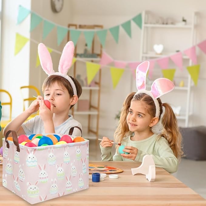 FXOLCSHE Rectangular Easter basket,Girl Easter basket,Nursery Hamper,Kids Toy Storage Basket for baby Bedroom,Kids Storage Bin,Toy Gift Organizerm,Home Decor(Pink Easter)