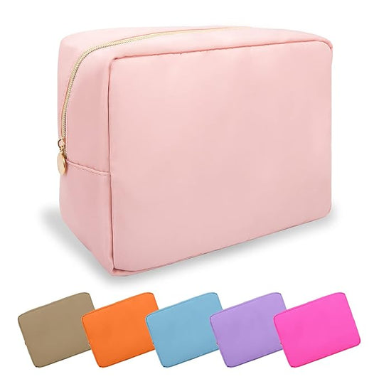 Large Makeup Bag Pouch, Nylon Women Travel Toiletry Storage Bag, Preppy Cosmetic Bag for Girls, Big Makeup Organizer Bag, Cute Zipper Pouch Skincare Bag for Sport Work Gift (Large-Flamingo)