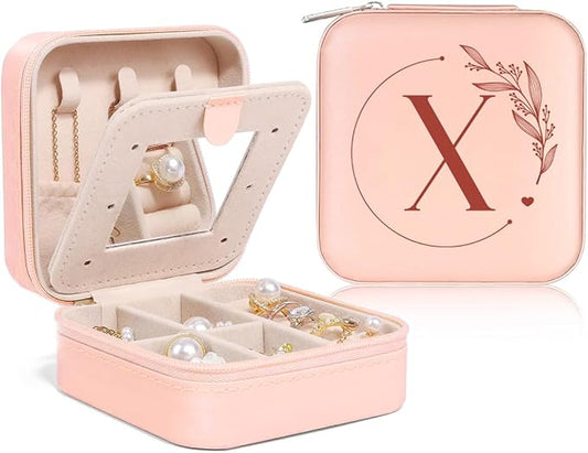 SANDJEST Personalized Jewelry Box, Pink Small Travel Jewelry Box with Initial X, Monogrammed Jewelry Case Organizer for Girls Women Teen, Mini Travel Essentials Gifts for Christmas Birthday