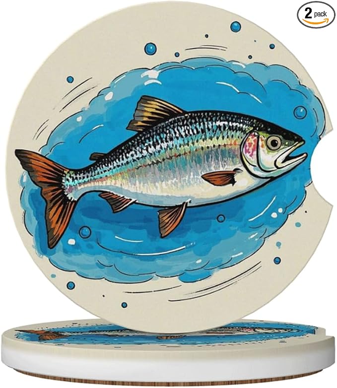 Car Cup Holder Coasters, 2 Pcs Ceramic Coasters with Cork Back and Finger Slot, Anti-Slip Shock Absorbing Women and Men Universal Car Accessories - Salted Fish