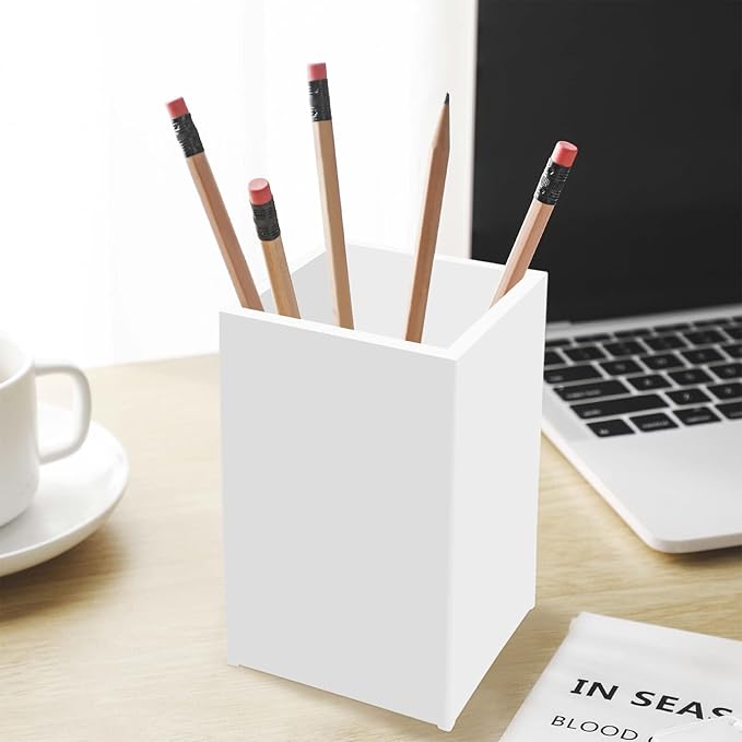 White Acrylic Pencil Pen Holder Cup 2 Pack,Desk Accessories Holder,Makeup Brush Storage Organizer,Modern Design Desktop Stationery Organizer for Office School Home Supplies,2.6x 2.6x 4 inches