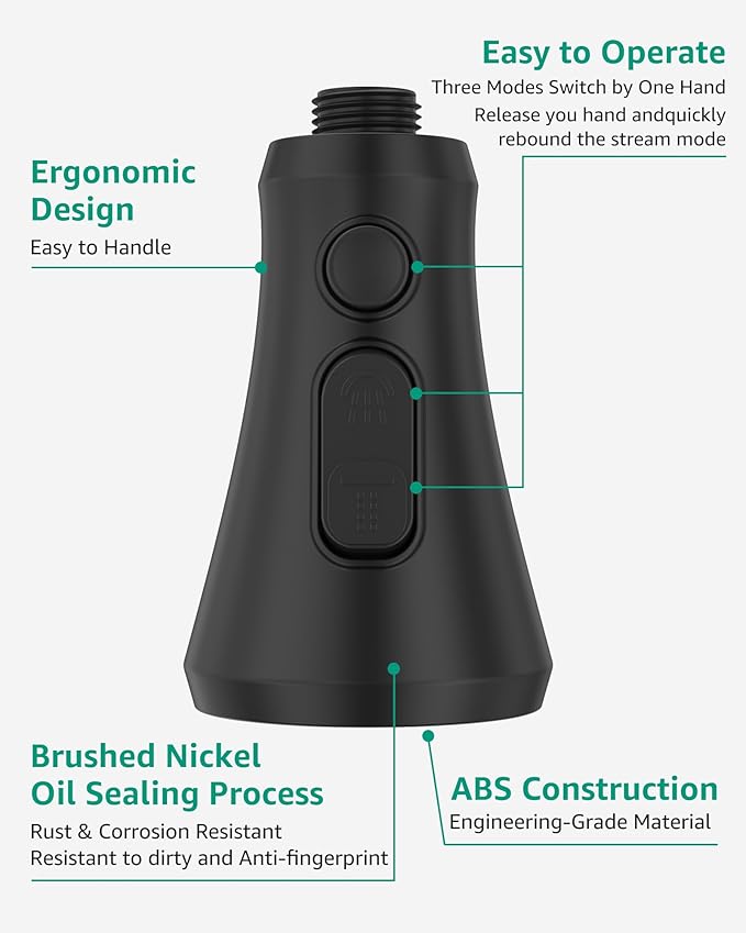 Mbillion Universal Matte Black Kitchen Faucet Spray Head Replacement, 3 Function ABS Sink Faucet Head, Pull-Down Nozzle with 14 Adapters, Compatible with Moen, Delta, Kohler, WEWE American Standard