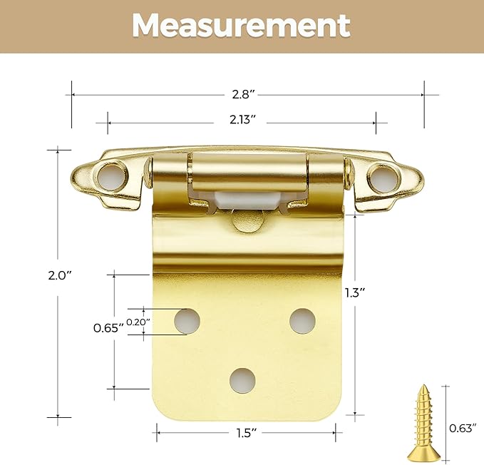 2 Pack 1 Pair Gold Cabinet Hinges - 3/8 inch Inset Kitchen Cabinet Hinges, Semi-Concealed Hinges, Self Closing Cabinet Door Hinges with Door Bumper Flush Face Mount Cupboard Hardware