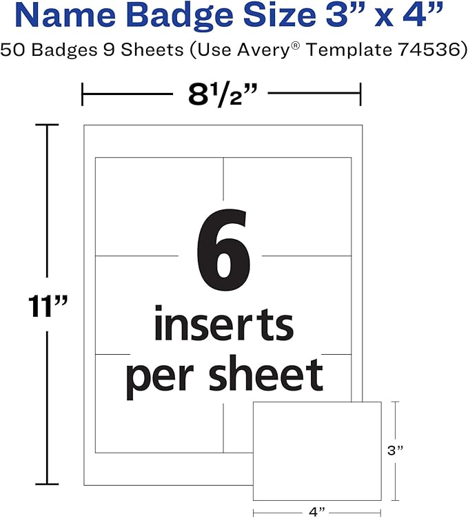 Avery Customizable Name Badges, Clip Style, 3" x 4", Clear Name Tag Holders, White Laser/Inkjet Printable Inserts, 50 Total (74536)