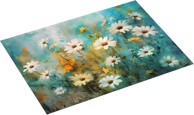 Watercolor Flowers Daisy Absorbent Dishes Drainer/Rack Mat for Countertop Large Size 18 x 24, Microfiber Dish Drying Pads Kitchen Counter Draining Pad, Teal