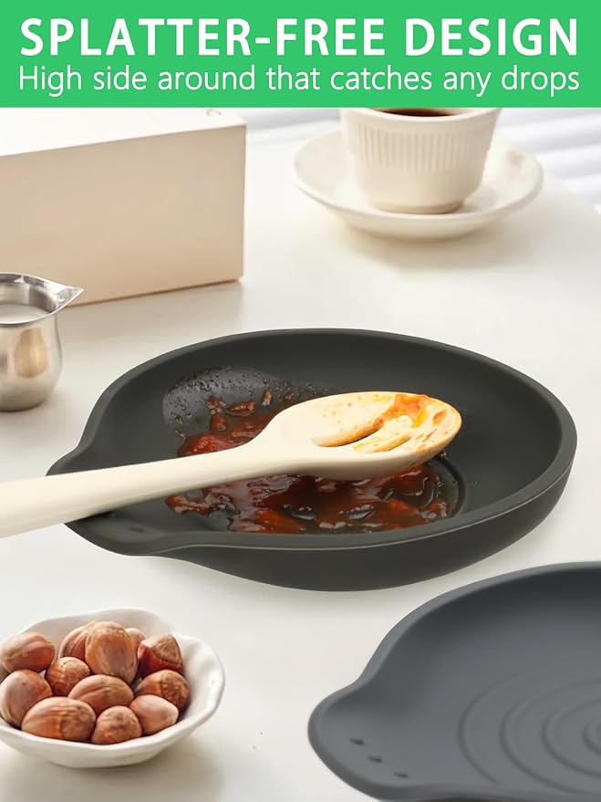 2 Pcs Spoon Rest for Stove Top Silicone, 6.1" Large Stove Spoon Holder for Spatula, Tongs or Spoon, Kitchen Counter Decor, Gray & Black