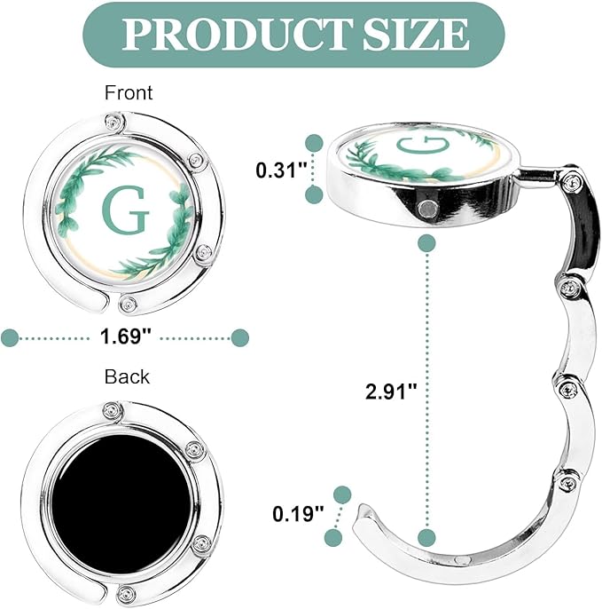 XSUIOY 3Pcs Personalized Initial Foldable Purse Hook for Table,Crushed Flower Letters Folding Purse Hanger,Purse Holder Handbag Hanger Collection Desk Table Bag Hooks Gifts for Women Bag(Green-G)