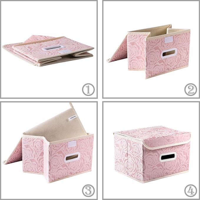 PRANDOM Foldable Storage Boxes with Lids [5-Pack] Fabric Decorative Storage Bins Cubes Organizer Containers Baskets with Cover Handles Divider for Bedroom Closet Living Room Pink 9.8x7.9x6.7 Inch