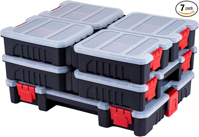 7-Pack Organizer Set – Multi-Size Storage Boxes with Removable Dividers – Hardware, Screw, Craft, and Small Parts Case System for Garage, Workshop, or On-the-Go Kits