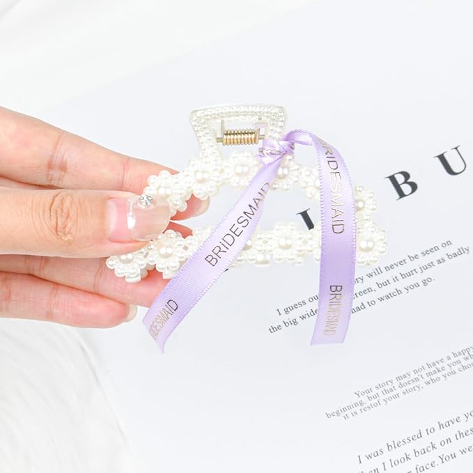 DEEKA Bridesmaid Proposal Gifts 8 Pack Pearl Bridesmaid Hair Claw Clips with Ribbon 3 Inch Hair Clips Bachelorette Party Favors Bridal Party Present Hair Accessories (Half Circle White&Purple)