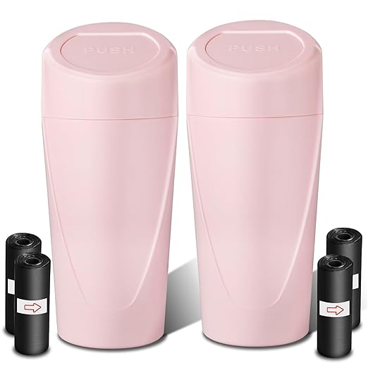 Car Trash Can with Lid-2Pack, Leakproof Garbage Can with 80 Attached Trash Bags, Mini Essential Car Accessories for Interior for Car, Home, Office（Sakura Pink）
