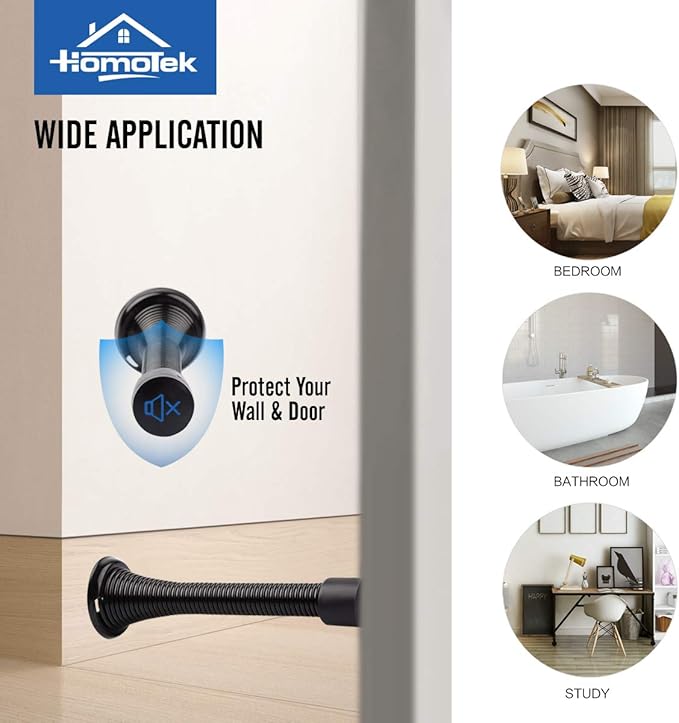 HOMOTEK 12 Pack Black Spring Door Stops, 3-1/8" Heavy Duty - Flexible Door Stopper with Low Mounted Black Rubber Bumper Tips
