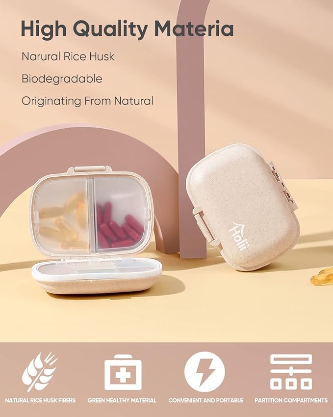 Holii Travel Pill Organizer, 8 Compartments Portable Pill Case, Daily Pill Box to Hold Vitamins, Small Pill Container for Pocket Purse Medicine Organizer（Khaki）