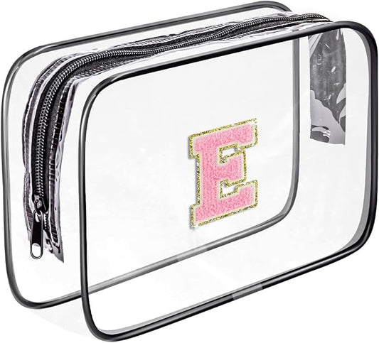 Clear Toiletry Bag,Portable Travel Toiletry Bag,Chenille Letter Cosmetic Bag with Zipper,Waterproof Makeup Bag,Cosmetic Storage Organizer for Women Men,Travel Essentials (Black,E)