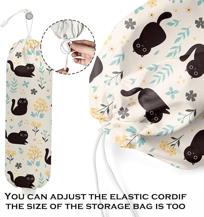 Cute Cat Plastic Bag Holder, Vintage Floral Plastic Bag Holders for Grocery Bags, Washable Grocery Bag Storage Dispenser for Home Kitchen Pantry Decor, Cat Lover Gifts for Women, 22.5x9 Inch