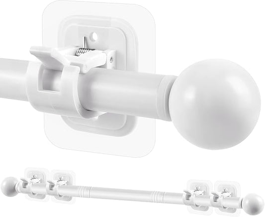 Curtain Rods No Drilling for Windows Set 30 to 45 Inch, 5/8 Inch Diameter Drapey Pole with No Drill Curtain Rod Brackets, Renter Friendly Cortineros Para Ventanas with Adhesive Holder Hook (White)