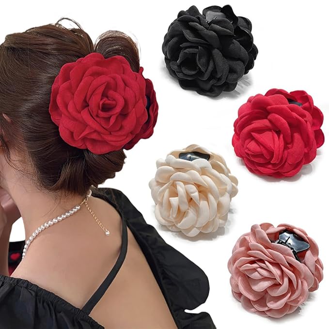 4pcs Handmade Fabric Rose Flower Hair Claw Clip for Women Girls, 3.94" Large Boho Hawaiian Floral Hairpins Barrettes for Thick Thin Hair Styling Accessories(Red Pink)