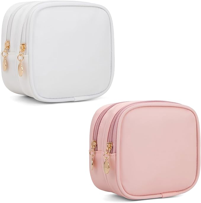 2PCS Small Makeup Pouch, Double Zipper Cosmetic Bag, Travel Makeup Bag, Cute Makeup Bag for Purse, Mini Toiletry Bag (White+Pink)