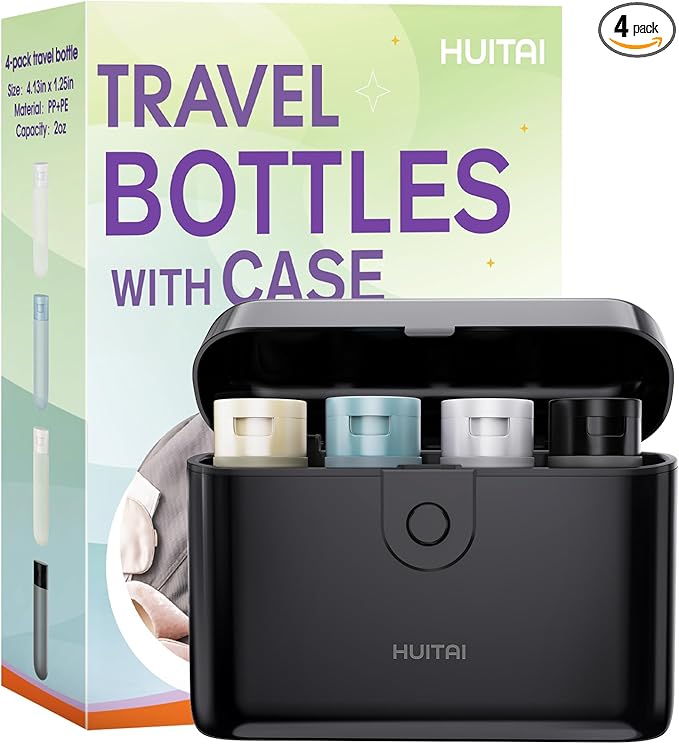 Travel Bottles with Case, 4x2oz TSA Approved, Leak-Proof, Press to Unlock, Compact & Portable Travel Toiletries (Black)