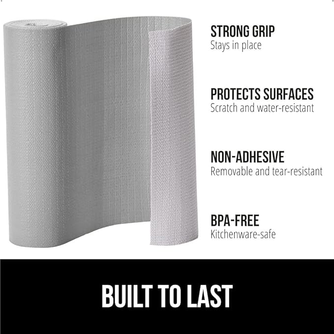 GORILLA GRIP DripGuard Shelf Liner, Non-Adhesive Drawer and Kitchen Cabinet Protector, 20x240 In, Strong Grip Slip Resistant Underside, Smooth Surface Liners for Cabinets, Bathroom Closets, Light Gray