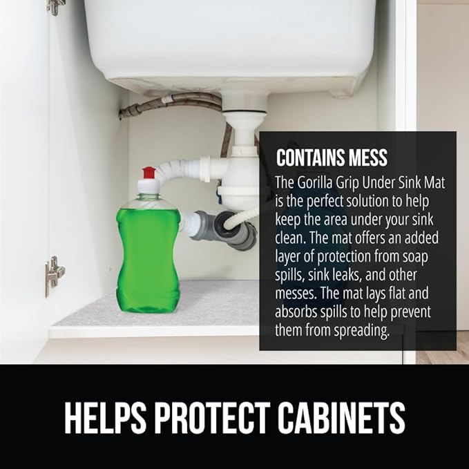 GORILLA GRIP LeakGuard Non-Adhesive Under Sink Mat for Kitchen Cabinet, Waterproof Quick Dry Shelf Liner, Durable Absorbent Felt Mats for Bathroom Sinks, Cabinets, Dresser, Easy Trim, 24x24 Light Gray