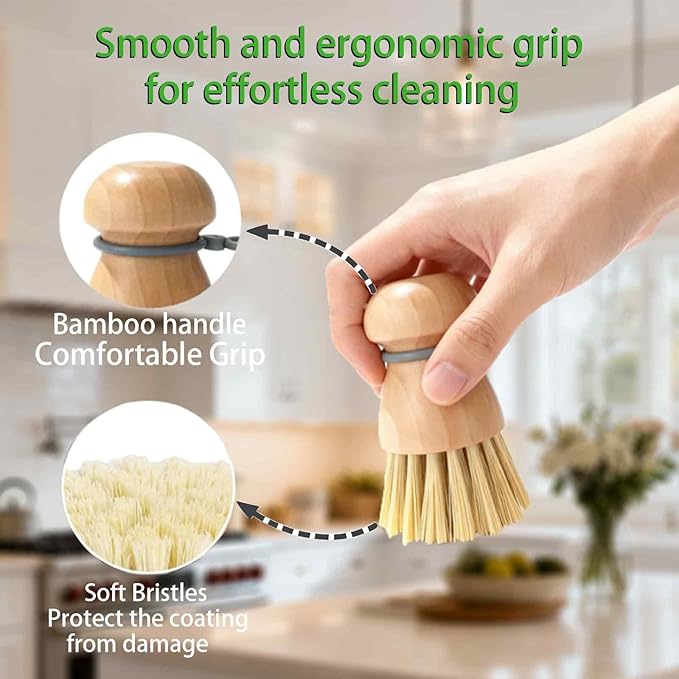Dish Brush with Hanging Loop — Durable PBT Bristles Brush, Non-Slip Grip Dish Brush, Compact Bamboo Dish Brush, for All Cookware, Stovetops & Sinks • Kitchen Essential (2pcs/Set)